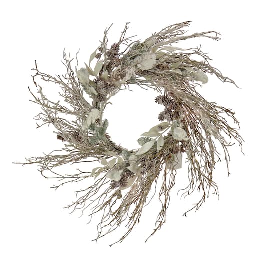 24&#x22; Christmas Alpine Trimmed Snow Lump Wreath, 150 Pure White LED Rice Lights